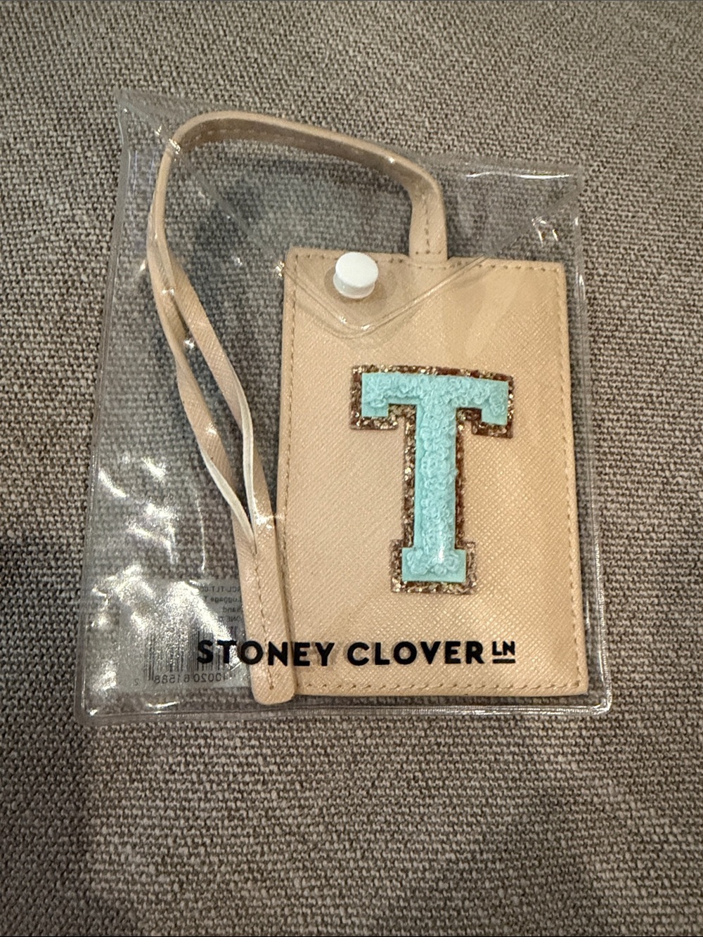 Stoney Clover Lane Beige Cardholder Lanyard with Light Blue 'T' Patch